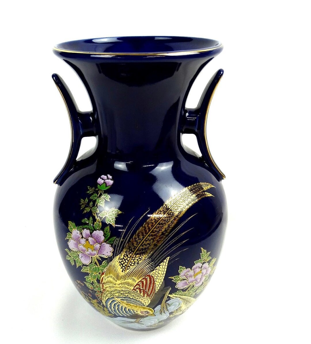 Imperial Kutani Japanese Cobalt Porcelain Pheasants & Peony 10 1/4