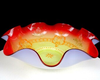 Victorian Antique Glass Pink And Yellow Cased Ruffled Rim 11 1/2&quot; Birdes Bowl 1880