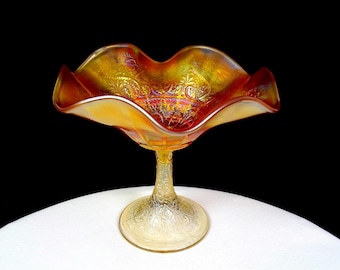 Compota de cristal iridiscente Northwood Carnival Glass Marigold Hearts & Flowers de 17 cm (6,75"), 1910