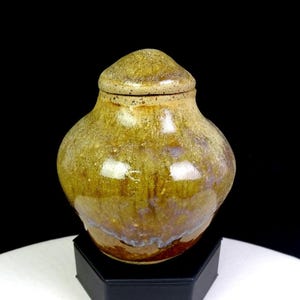 Puede incluir: Jarra de cerámica hecha a mano con tapa. La jarra tiene un cuerpo redondeado y una tapa cónica. El exterior presenta un esmalte moteado en tonos verde oliva, marrón y dorado. La jarra se exhibe sobre un soporte negro sobre un fondo negro.