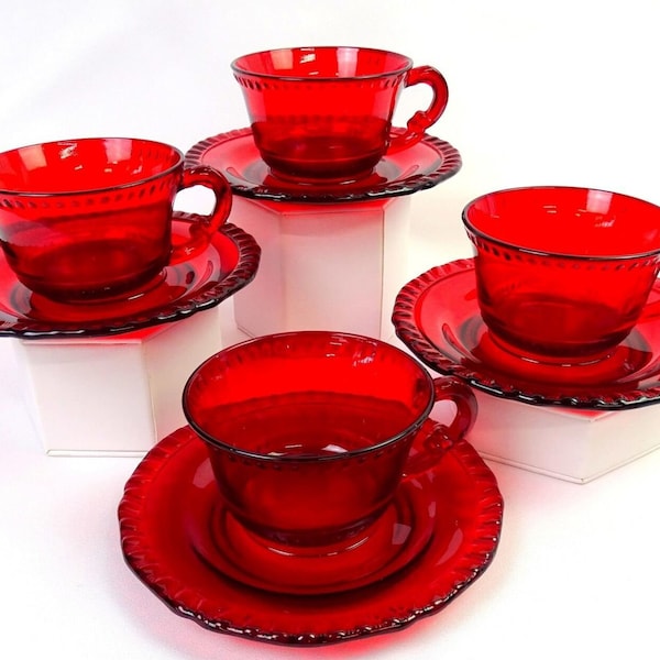 Paden City Glass 881 Gadroon Edge Ruby 4 Vintage 2 1/8" Cup & Saucer Sets 1932