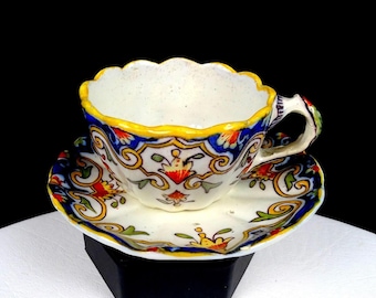 Rouen 1494 French Faience Antique Porcelain Scalloped 2" Cup & Saucer Set 1860-
