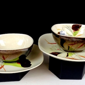 Red Wing Pottery Lotus Pattern 2 Bronze Square 1 7/8&quot; Cup & Saucer Sets 1947-