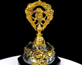 Frasco de perfume vintage de 5 pulgadas, de cristal esférico, chapado en oro de 24 quilates con decoración floral, de los años 40 a los 60.
