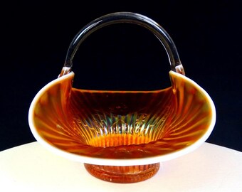 Dugan Carnival Glass Peach Opalescent Single Flower Pattern 8 1/2" Basket 1909-