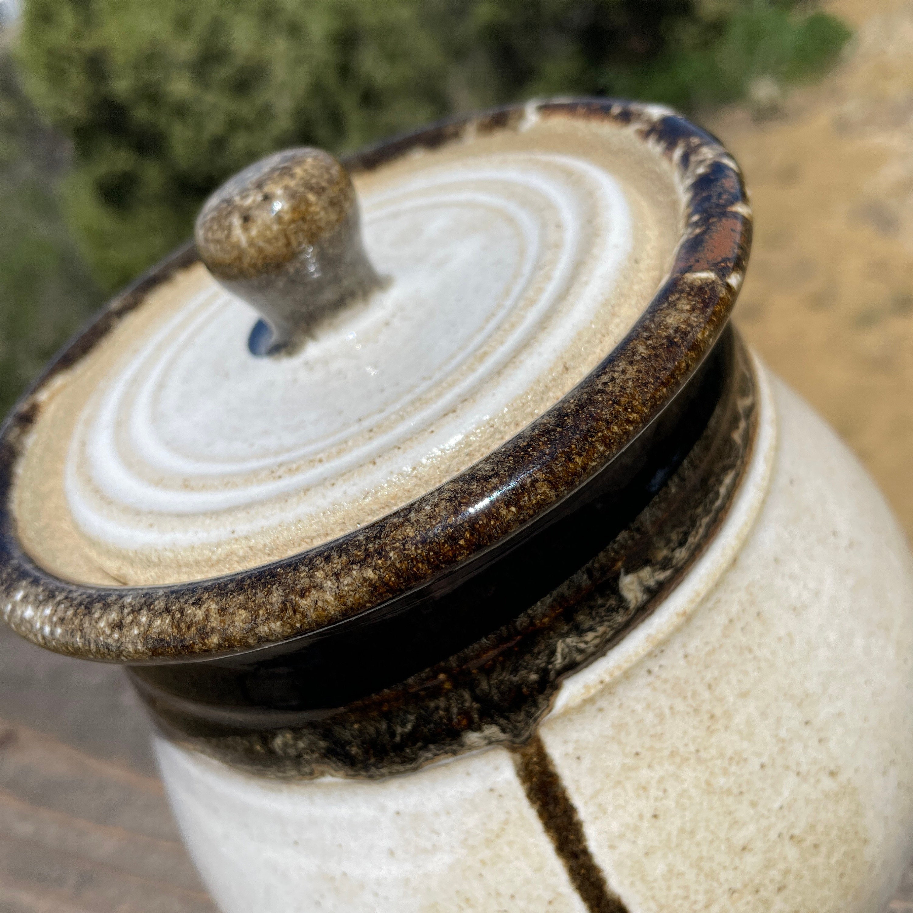 Pottery handmade covered jar sourdough crock white brown Etsy
