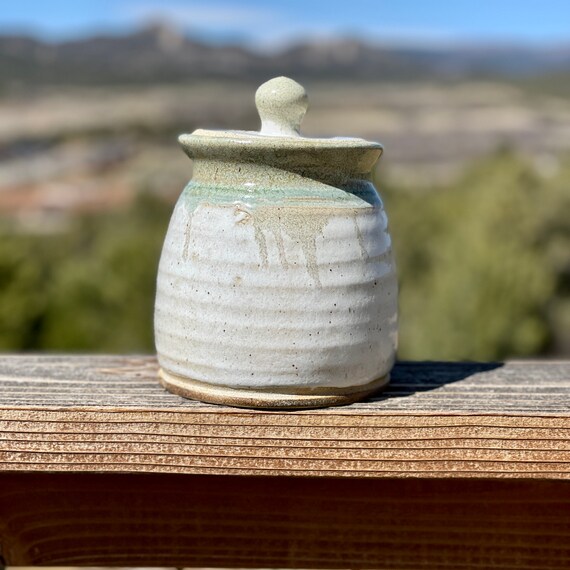 Pottery handmade sourdough crock jar white green Etsy