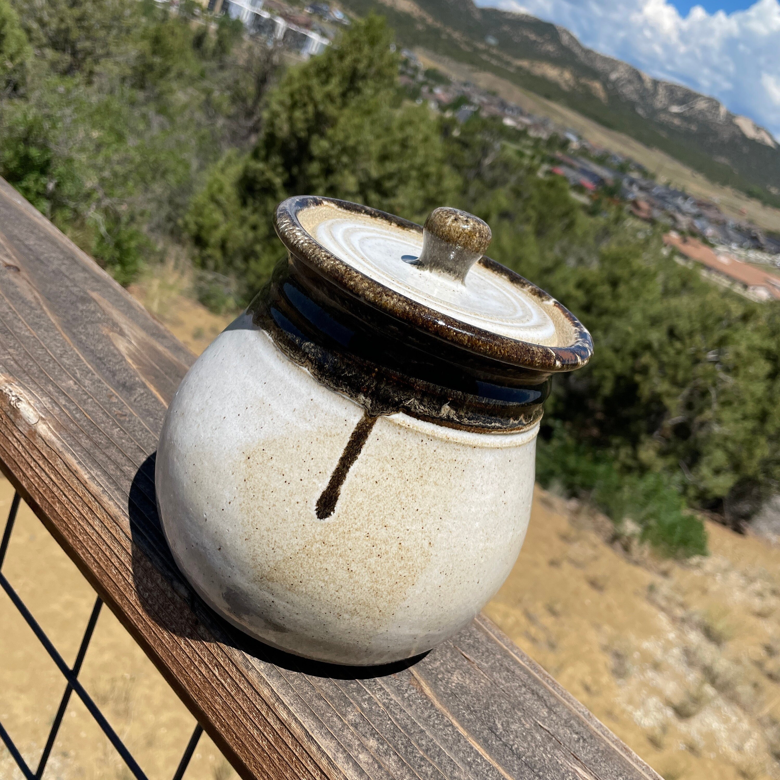 Pottery handmade covered jar sourdough crock white brown Etsy