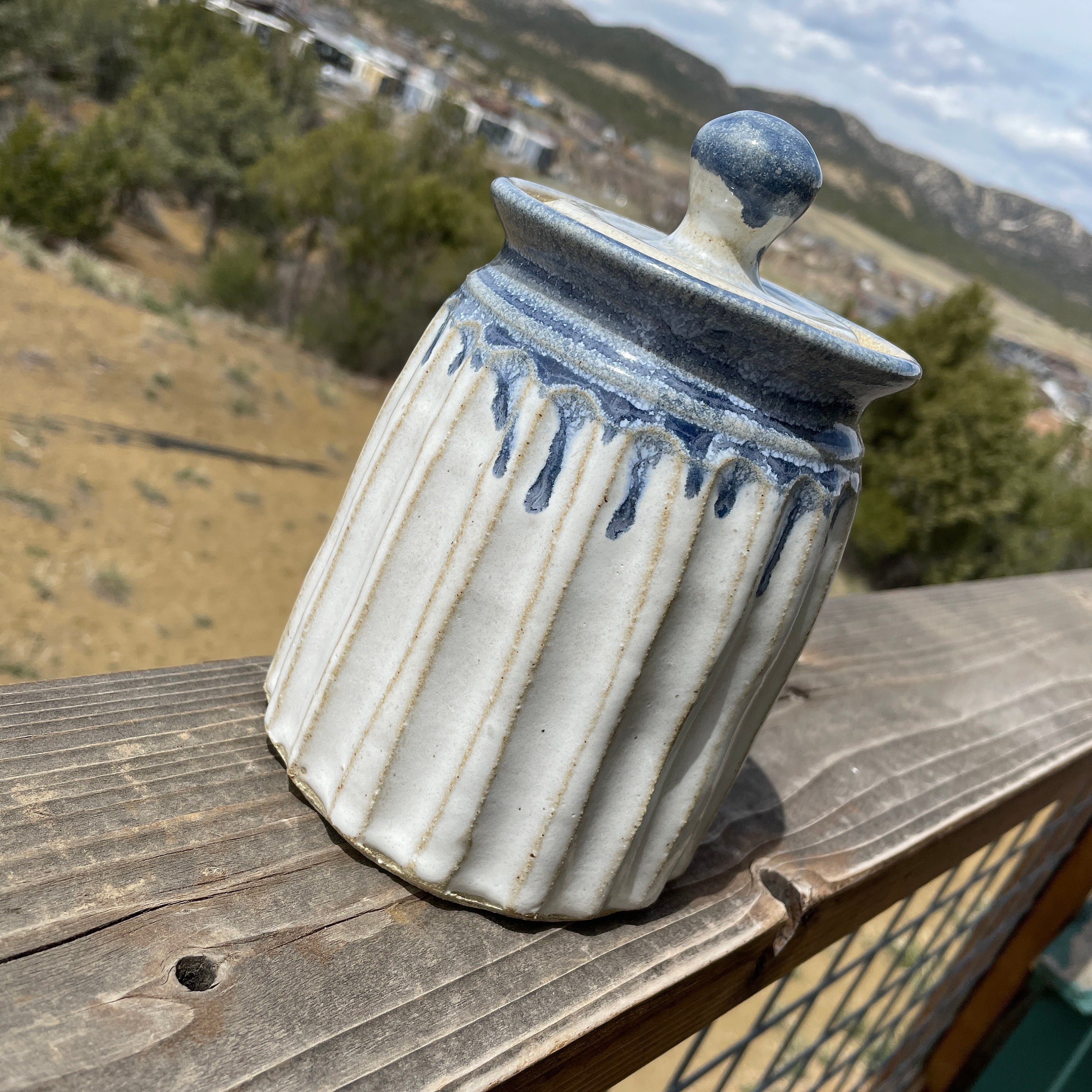 White blue canister ceramic sourdough crock jar fluted Etsy