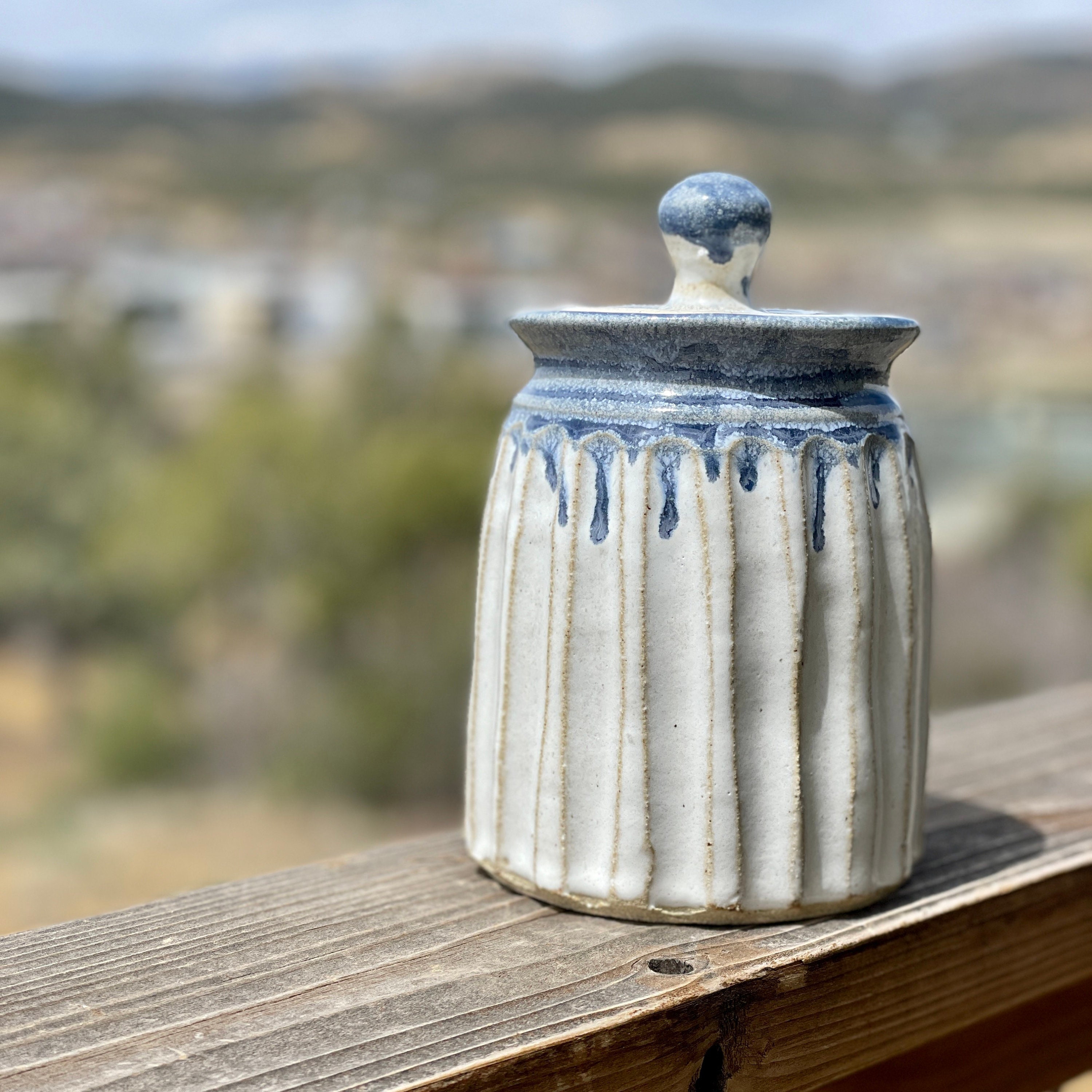 White blue canister ceramic sourdough crock jar fluted Etsy