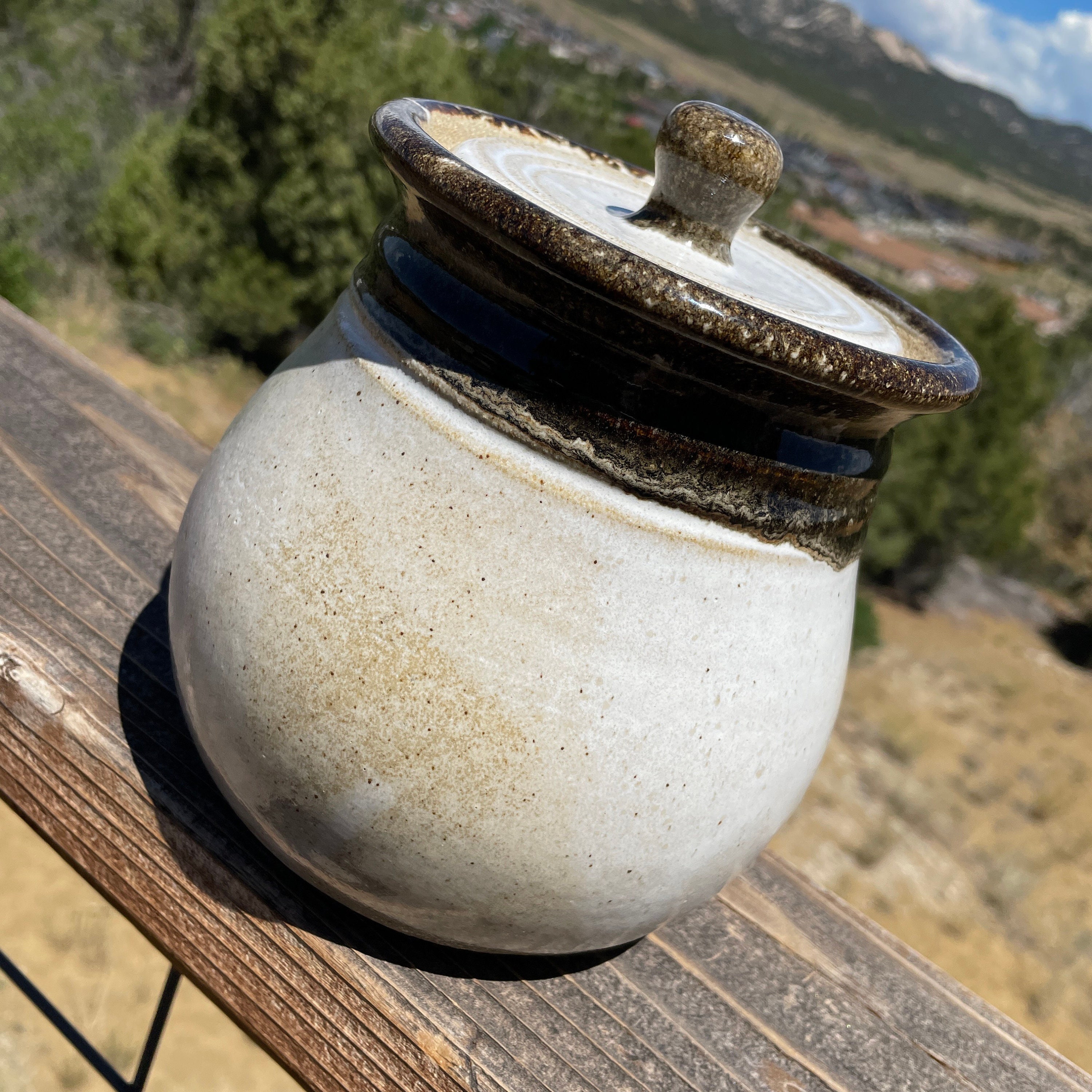 Pottery handmade covered jar sourdough crock white brown Etsy