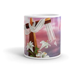 Cross and Clouds Mug, Cross and Clouds 11oz Mug, Cross and Lilies Mug, Catholic Mug, Saints Mug, Catholic Saints Mug, Devotional Mug,