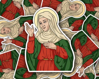 May include: A sticker sheet featuring a repeating pattern of a religious figure. The figure is depicted with a halo, wearing a red dress, green cloak, and a white head covering. The artwork has a vintage, illustrative style.