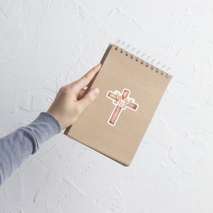 Jesus Christ Cross and Flowers Sticker, Cross and Flowers Sticker Water Resistant Vinyl Matte or Glossy Sticker, Catholic Sticker.
