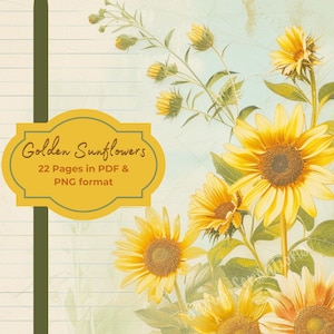 Golden Sunflower Printable 22 pages | Instant Digital Download | PDF & PNG files 300 dpi | Scrapbook Junk Journal | Portrait Craft Paper