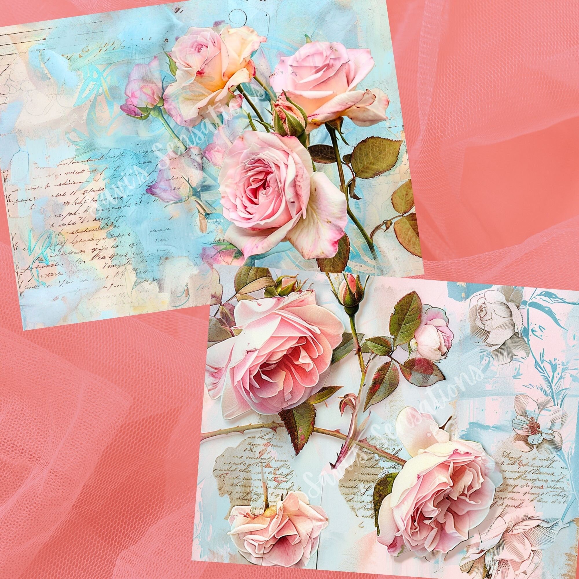 Pink Rose Printables 29 Pages Romantic Watercolor Style Scrapbook Paper ...