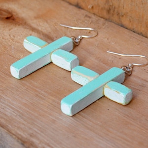 Cross Jewelry, Blue Earrings, Wood Cross, Wood jewelry, Small cross Earrings, Aqua jewelry, Gift for her, Christian jewelry, Faith jewelry