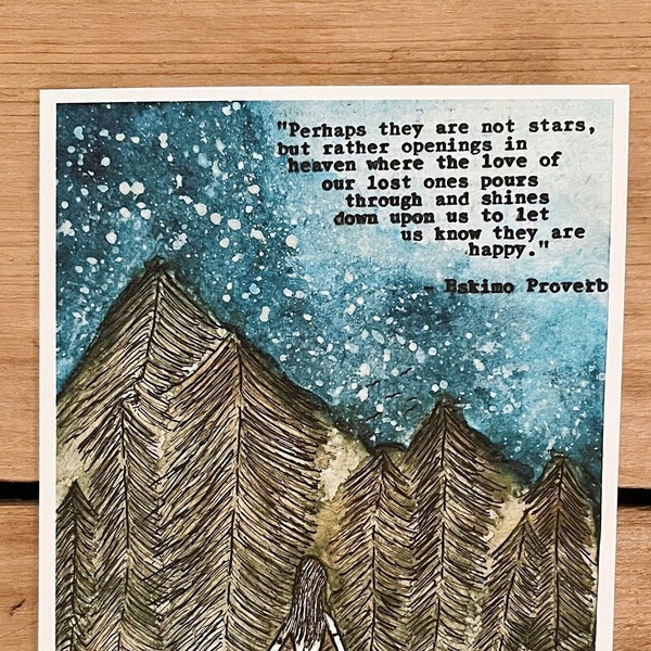 Memorial card, handmade card, perhaps they are not, stars in sky, Eskimo proverb, original watercolor, in memory, loss of father, grief card