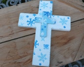 White cross, Wooden Cross, Snowflakes, Winter Cross, Snowflake Cross, Wood Cross, Winter decor, Snowflake decor, Blue cross, Snow, Handmade