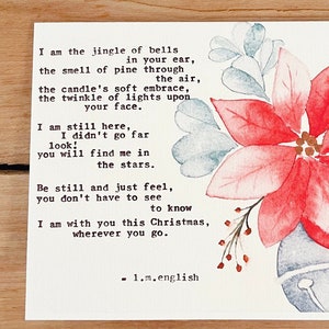 Biglietto fatto a mano, poesia di Natale, biglietto di dolore, stella di Natale rosa, in memoria di, poesia originale, biglietto per appunti ad acquerello, campana di Natale, nelle stelle