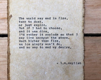 Original poetry, Typewriter poem, among the stars, poetry decor, fire and ice, typed quote, Robert Frost, vintage paper, love gift, antique