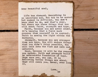 handmade card, original writing, Grief card, inspirational card, cancer gift, vintage card, cancer card, grief gift, typed quote, hope, soul