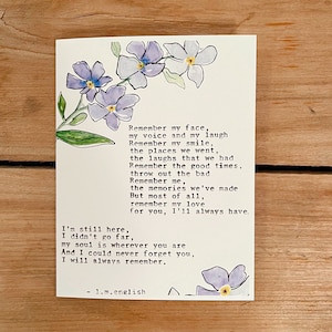 Carte faite main, écriture originale, carte de deuil, ne m'oubliez pas, souvenez-vous de moi, fleurs violettes, cadeau de sympathie, aquarelle de fleurs, à la mémoire de