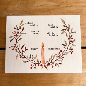 Biglietto fatto a mano, tutto è calmo, biglietto di buon Natale, acquerello originale, tutto è luminoso, notte silenziosa, biglietto di auguri di Natale, citazione digitata, candela
