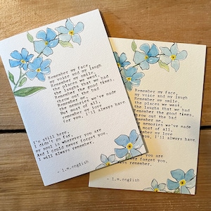 carte faite main, poésie originale, ne m'oubliez pas, souvenez-vous de moi, carte de deuil, aquarelle de fleurs, avec sympathie, cadeau commémoratif, carte de fleur bleue