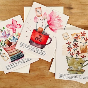 "Handgemachte Karte, Original Spruch, ""Hope"" Zitat, Inspirationskarten, Geschenk, Trauerkarte, Tasse Tee, Aquarell Blumen, Glaube, Karte zum Muttertag."