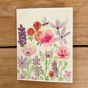 Grußkarte Boho, Wildblumen pink, original Aquarell, handgemachte Karte, Biene, lila Gänseblümchen, Wildblumen Kunst, sie ist eine Wildblume