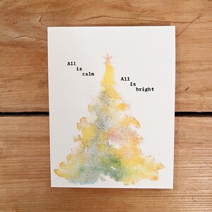 Regenbogen Weihnachten, Weihnachtsbaum Kunst, gelbe Weihnachten, Original Aquarell, lustige Weihnachtskarte, alles ist ruhig, Retro Weihnachten, Zitat