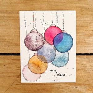 Handmade card, original watercolor, christmas ornaments, blue Christmas, merry and bright, holiday notecard, deck the halls, typed quote