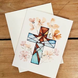 Tarjeta cristiana, tarjeta de oración, cruz floral, tarjeta hecha a mano, tarjeta con cruz, acuarela original, tarjeta de bautismo, tarjeta conmemorativa, tarjeta de felicitación con flores