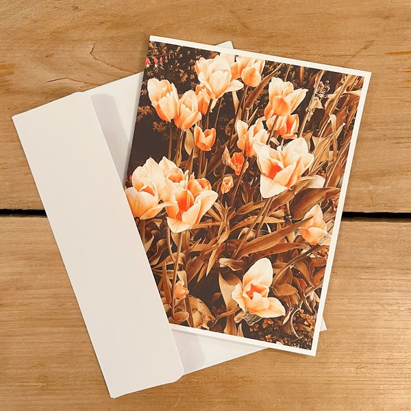 Handmade card, boho tulips, orange flowers, rustic greeting card, photo gift, fall photography, thank you card, friendship card, free spirit