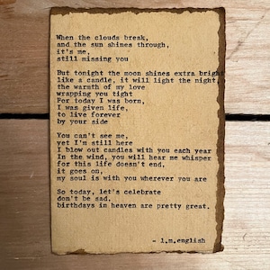 cartão feito à mão, poesia original, cartão de luto, aniversário no céu, em memória, presente de luto, luto de aniversário, cartão memorial, citação digitada,