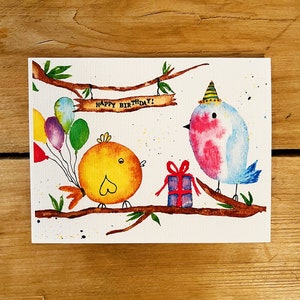 Pájaros de cumpleaños, acuarela original, tarjeta hecha a mano, feliz cumpleaños, tarjeta de cumpleaños tonta, pájaros caprichosos, cumpleaños lindo, fiesta de pájaros, naturaleza