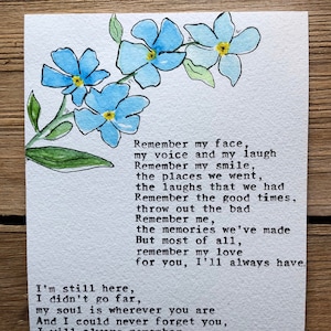 Acquerello originale, poesia sul dolore, ricordati di me, non dimenticarmi, in memoria, fiori acquerellati, detto ispiratore, regalo per il dolore, con simpatia