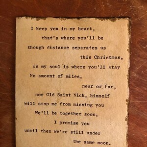 handmade card, Christmas card, in my heart, distance gift, vintage Christmas, typed poem, long distance, love card, I love you, I miss you