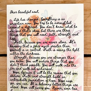 Handgemachte Karte, Original Schriftzug, Krebs Karte, handgeschriebenes Zitat, Krebs Geschenk, Trauerkarte, Pflegepaket für sie, Aquarell Blumen, Seele