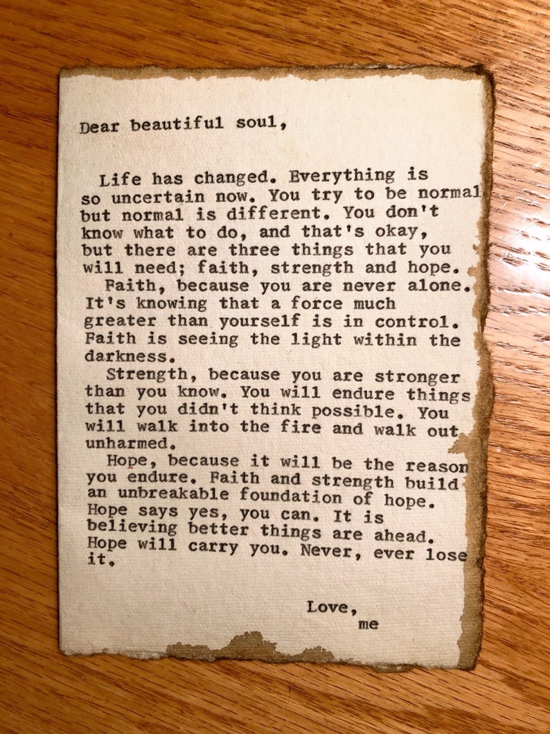 Grief card handmade card hope soul cancer card inspirational card original writing typed quote vintage card cancer gift grief gift