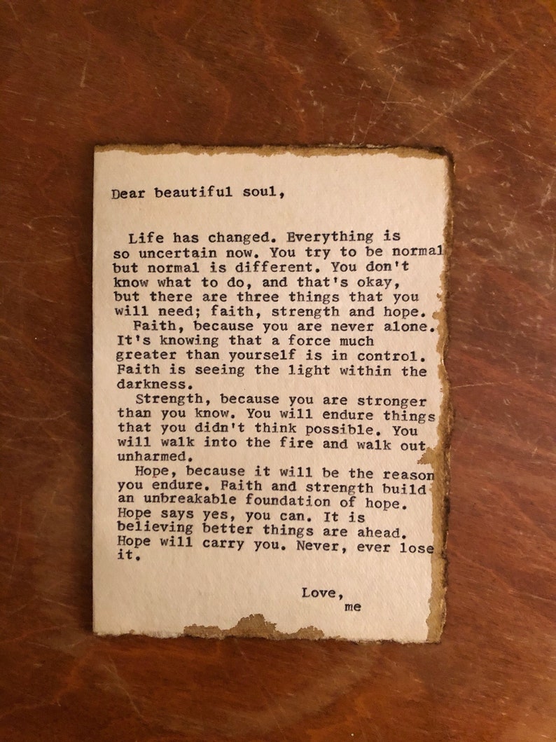 Grief card handmade card hope soul cancer card inspirational card original writing typed quote vintage card cancer gift grief gift
