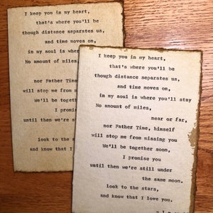 tarjeta hecha a mano, poesía original, en mi corazón, regalo a distancia, poema mecanografiado, larga distancia, tarjeta de amor, te amo, tarjeta vintage, regalo de amor