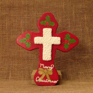 Christmas Wood Cross, Religious Decor, Wooden Wall cross, Merry Christmas, Wood Wall Decor, Red Wood Cross, Handmade Cross, Painted Holly