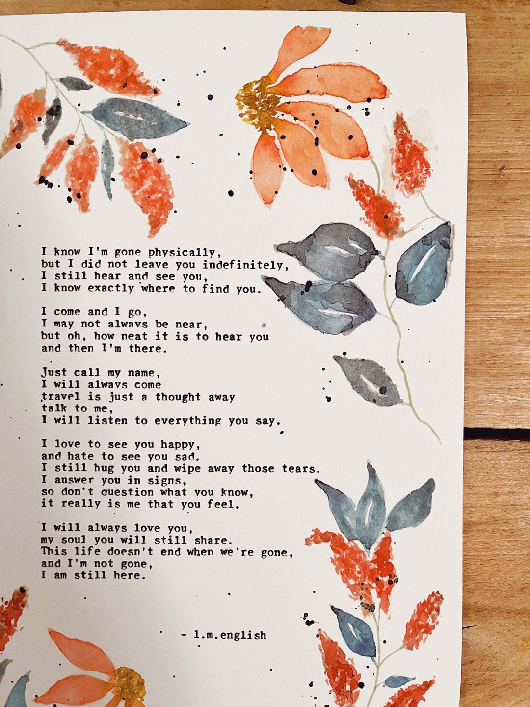 Original Writing, Grief Poem, Watercolor Flowers, Grief Gift, Always