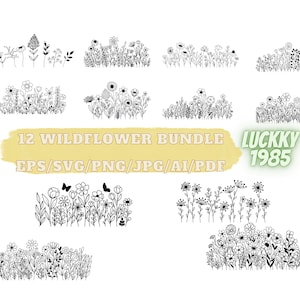 12 fiori selvatici in formato SVG, prato fiorito in formato SVG, bordo floreale in formato SVG, bouquet di fiori minimalista, clipart di fiori selvatici