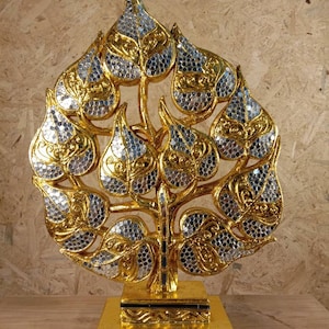 home decor Wood-carving,Domain Bodhi leaves,handicraft, with stained glass,cover with gold leaf ,Home & Living,Bedroom,Thai art,Craft