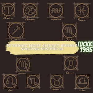 12 sterrenbeelden clipartbundel. Gratis commercieel gebruik. Bestanden in SVG en PNG. In goud zwart wit. Horoscoop, geboorteteken en astrologisch thema