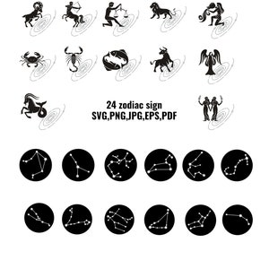 24 Znaki Zodiaku SVG Bundle, Horoskop SVG, Clipart Zodiaku, Znaki Astrologii Png, Baran Lew Byk Panna Bliźnięta Waga Rak Skorpion Ryby