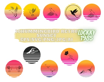 10Hummingbird Retro Sunset ,Svg Bundle, Vintage Retro Sunset SVG, Retro Vintage,Hummingbird svg png Eps eps ,Bird SVG PNG, Bird Cut File For